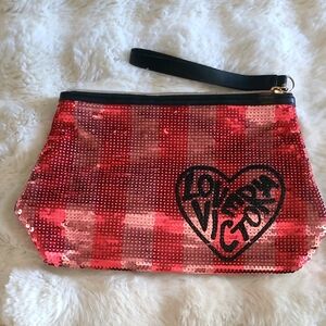 Victoria's Secret Red and Pink Sequin Wristlet/ Makeup Bag